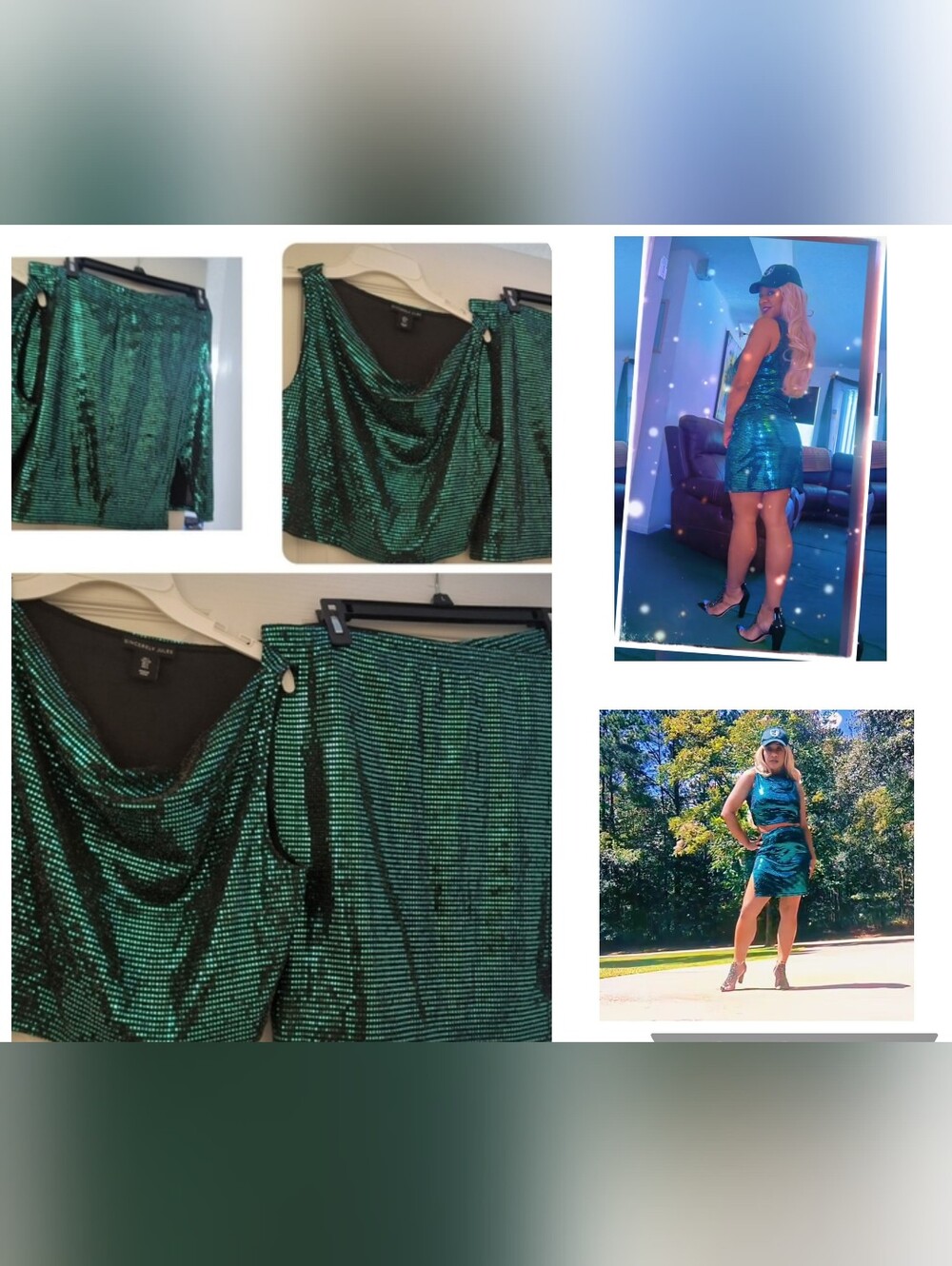 Juniors Size Large Green Sequin Skirt Set - Drape Top & Mini Skirt